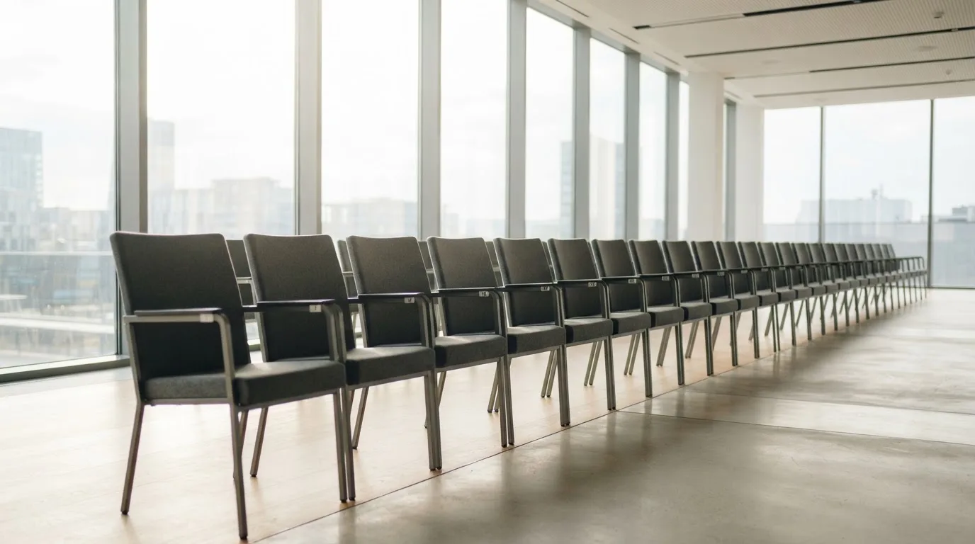 Una fila ordinata di sedie vuote disposte in un auditorium moderno illuminato da ampie finestre.