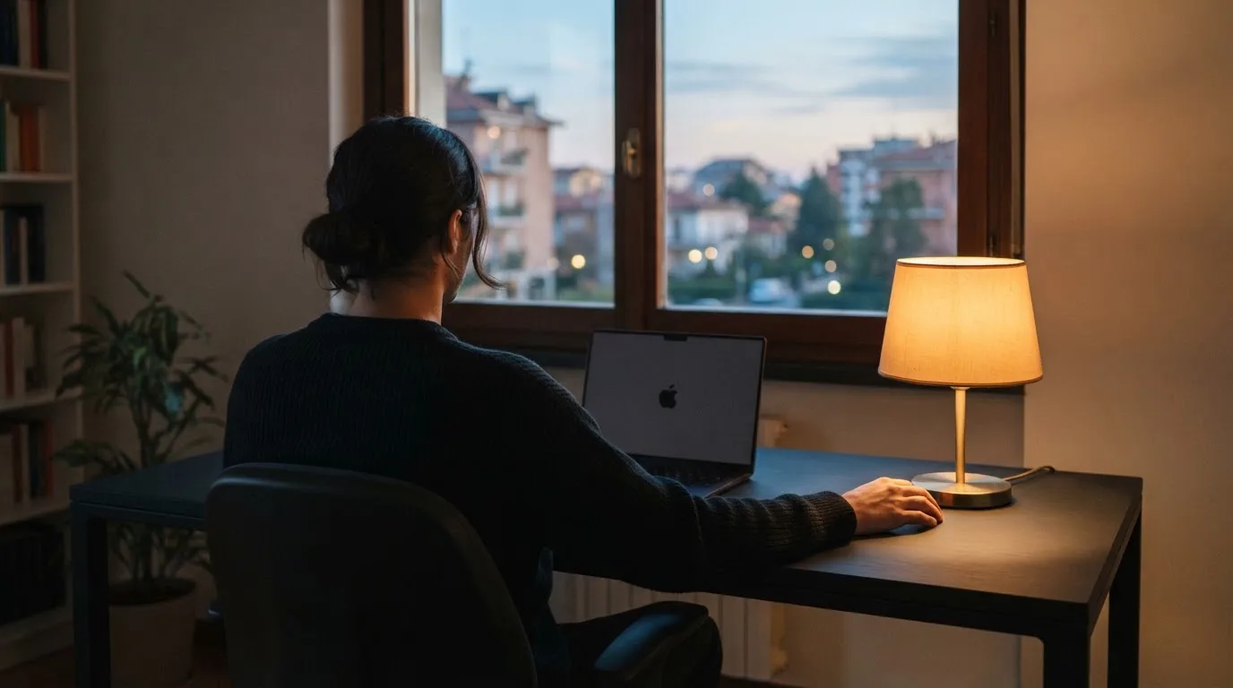 Una persona seduta a una scrivania minimalista con un laptop chiuso e una lampada accesa in un ufficio domestico ordinato.